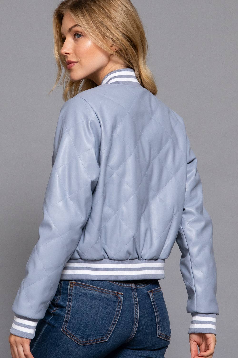 Long Sleeve Quilted PU Faux Leather Bomber Jacket
