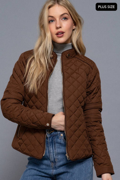 [PLUS SIZE] Suede Piping Detail Rib Quilted Padding Jacket