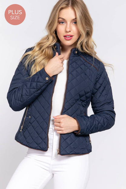 [PLUS SIZE] Suede Piping Detail Rib Quilted Padding Jacket