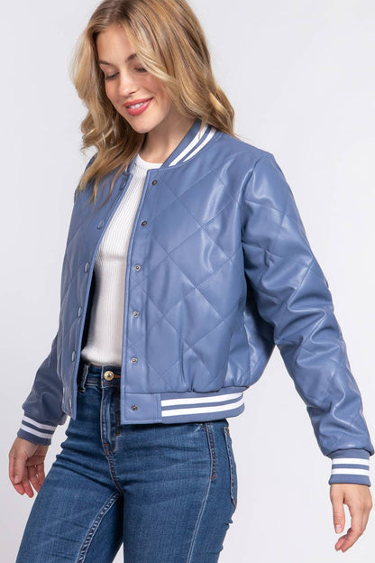 Long Sleeve Quilted PU Faux Leather Bomber Jacket
