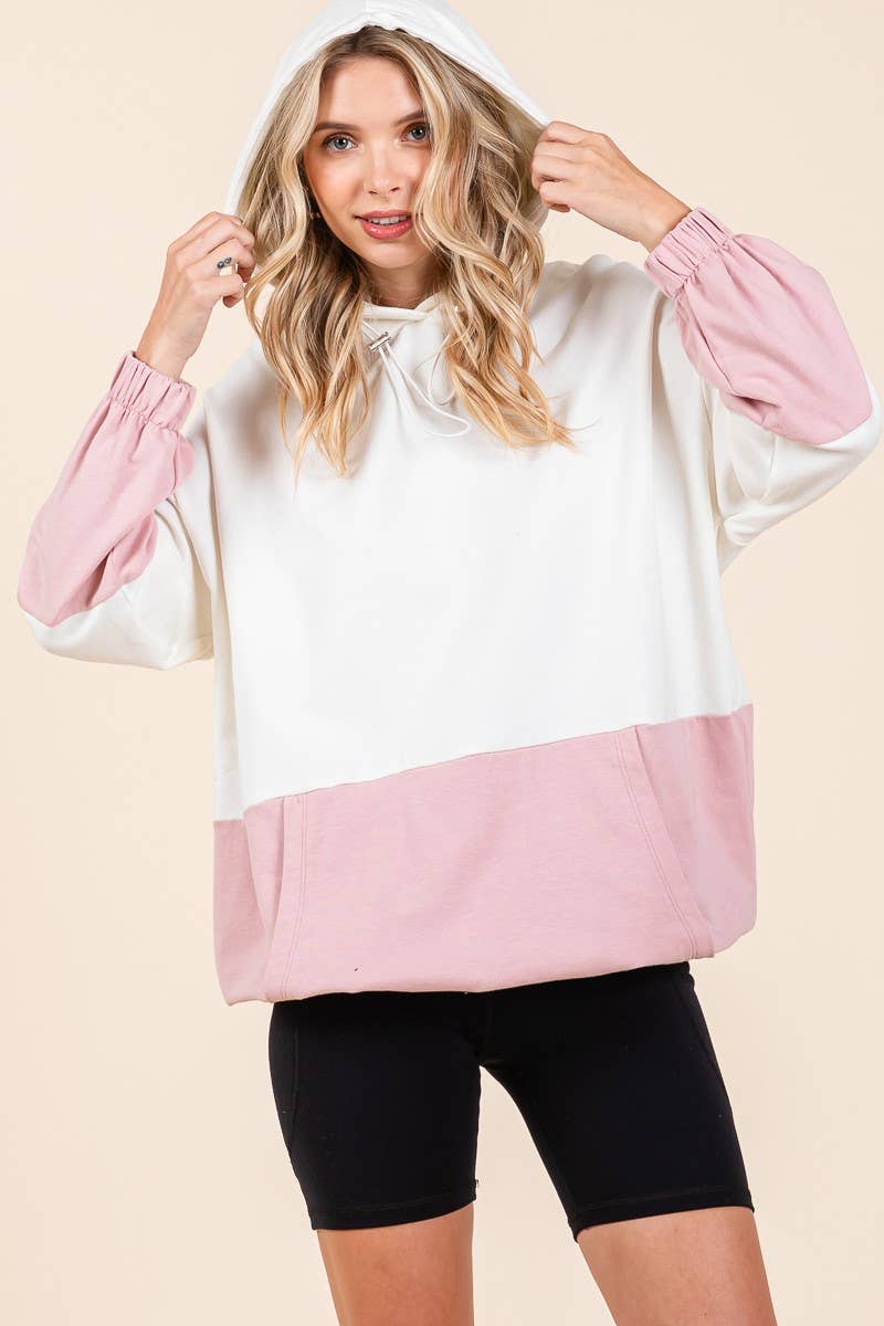 D5505 - ELASTIC HEM COLOR BLOCK POCKET HOODIE=