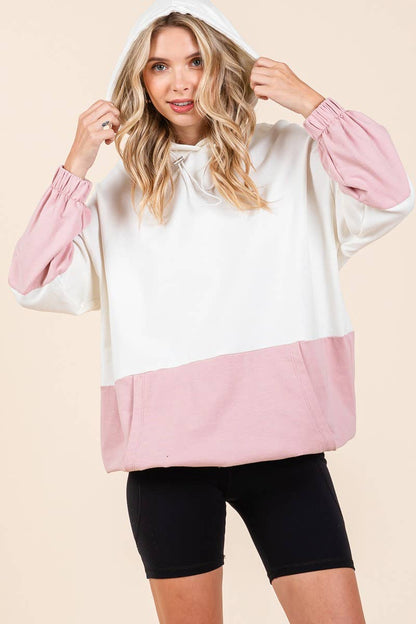 D5505 - ELASTIC HEM COLOR BLOCK POCKET HOODIE=
