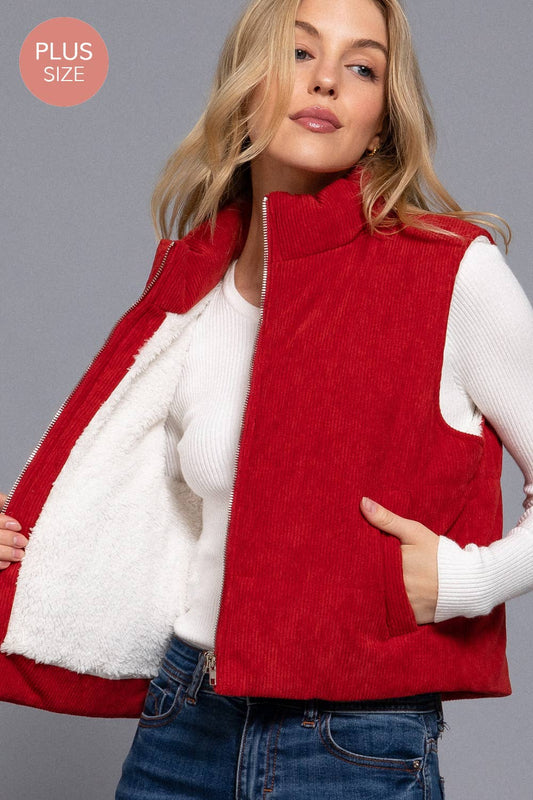High Neck Inner Faux Fur Zip Up Corduroy Puffer Vest