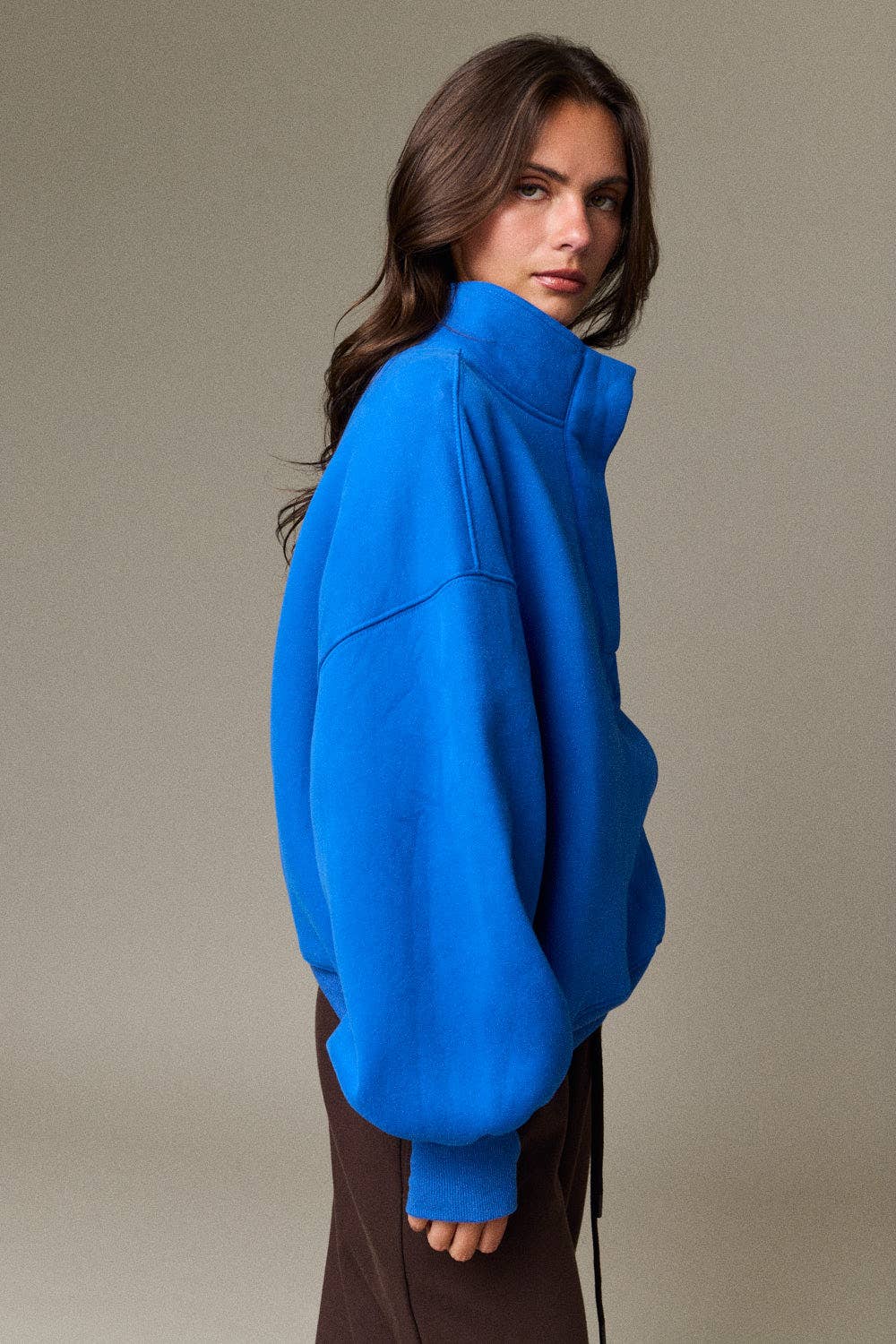 PT18729 - High Collar Half Button-Up Relaxed Fit Pullover