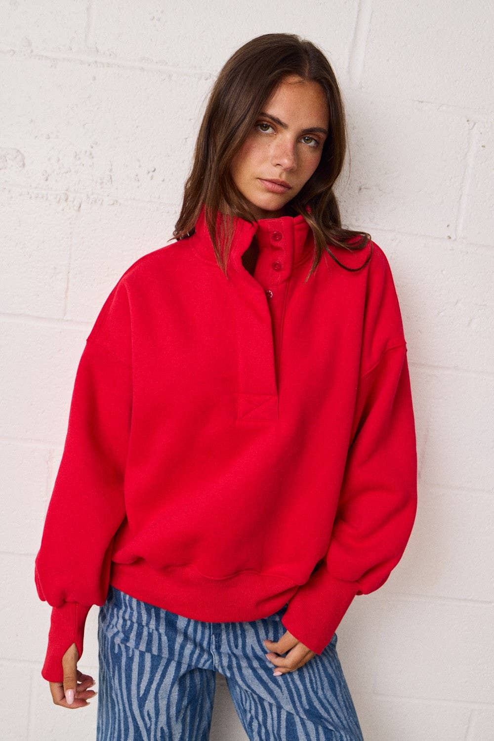 PT18729 - High Collar Half Button-Up Relaxed Fit Pullover