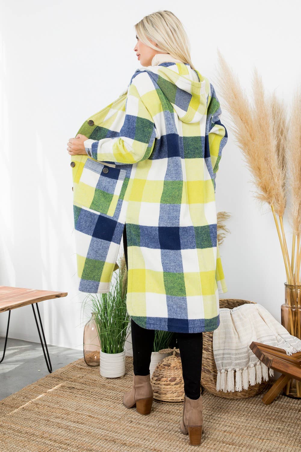 Women's Plaid Oversized Duster Shacket with Pockets