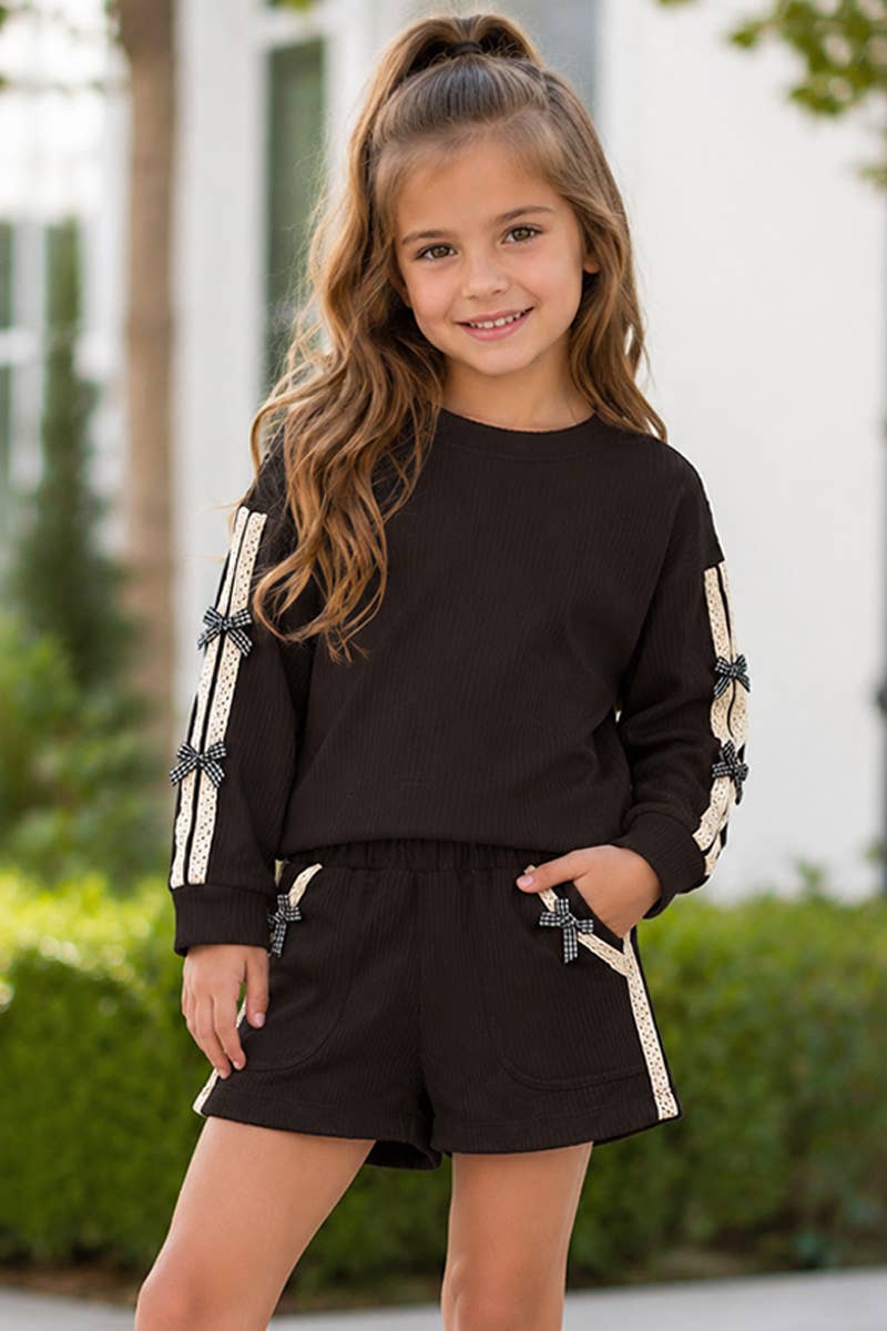 GKSS-Q26-38283B Girl's Knit Ribbed  Pullover & Short Set
