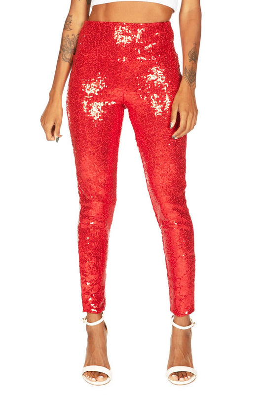 Red Sequin Leggings - High Waisted