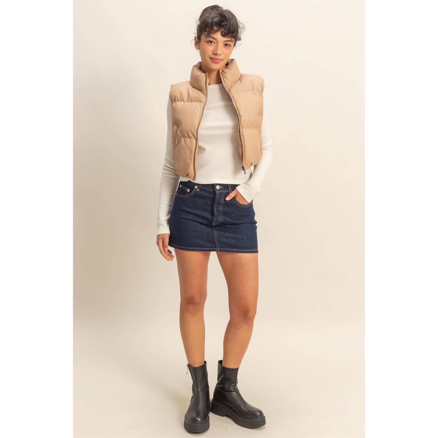Faux Leather Cropped Puffer Vest
