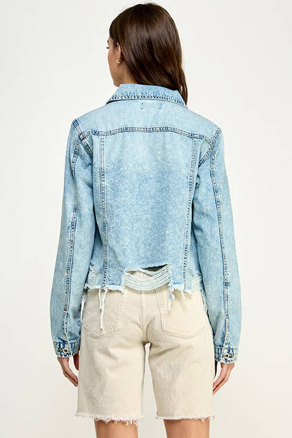 Ladies'  Cropcut Denim Jacket with Distressed