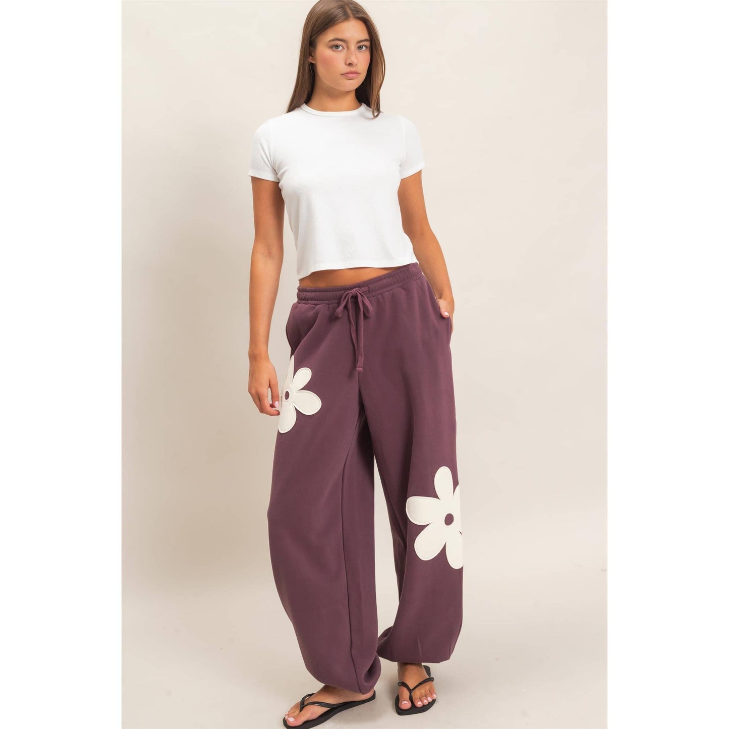 Floral Applique Drawstring Jogger Pants
