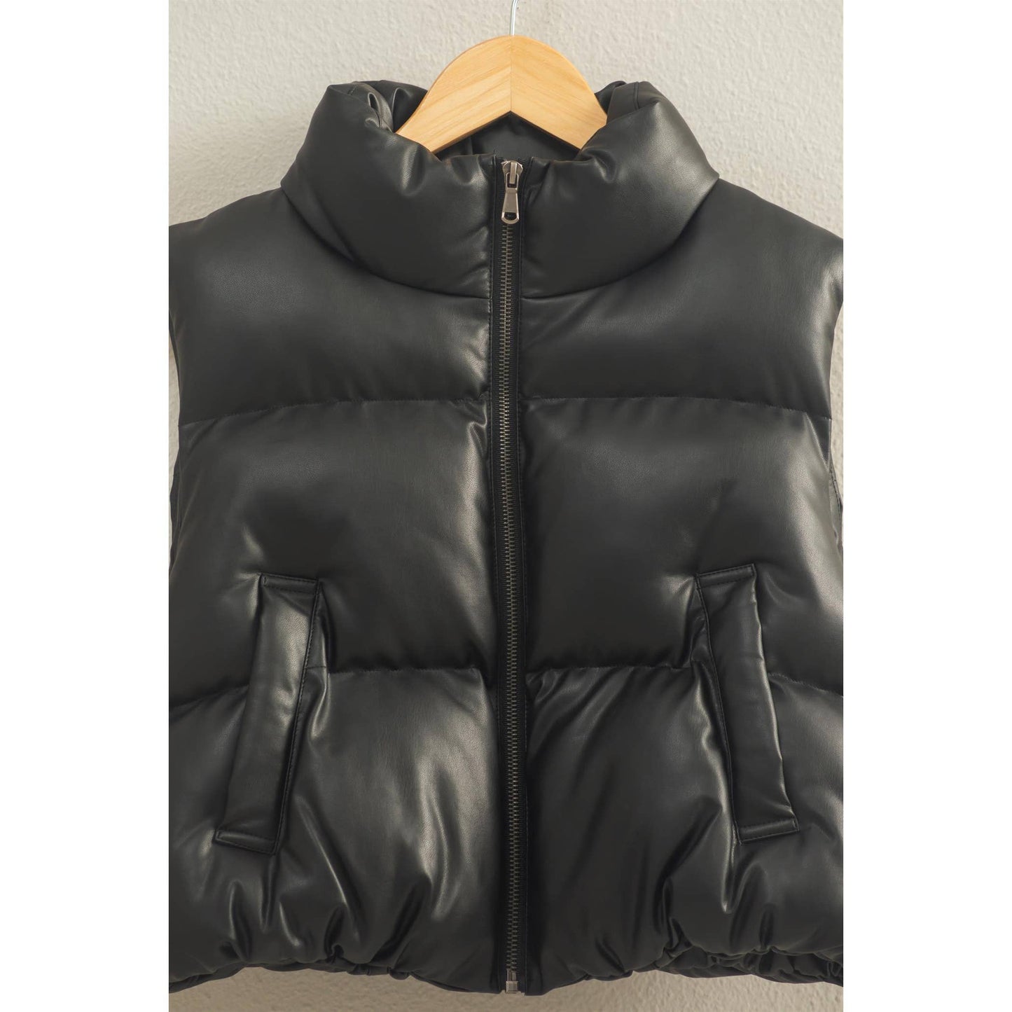 Faux Leather Cropped Puffer Vest