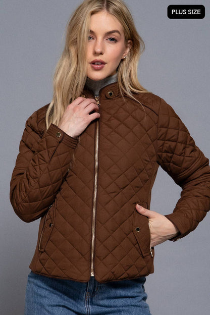 [PLUS SIZE] Suede Piping Detail Rib Quilted Padding Jacket