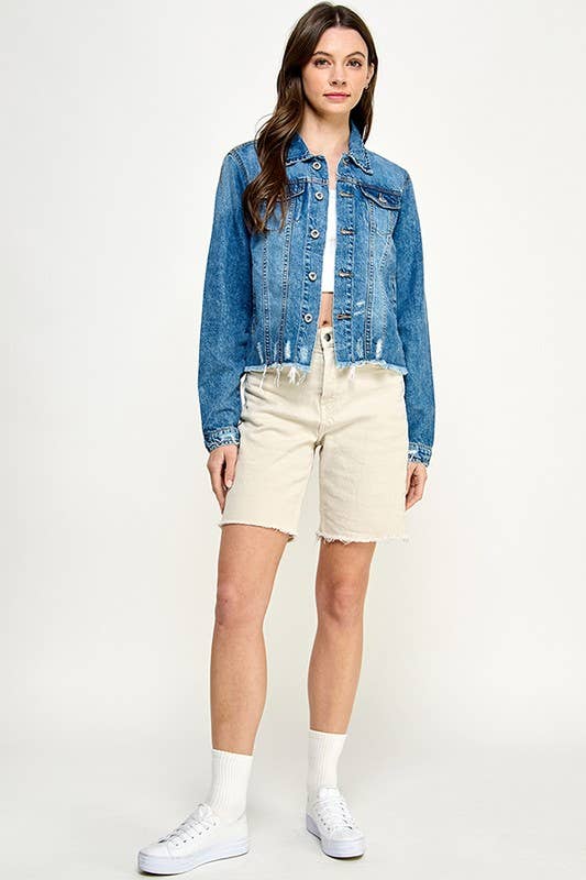 Plus Ladies Denim Jack with Distressed