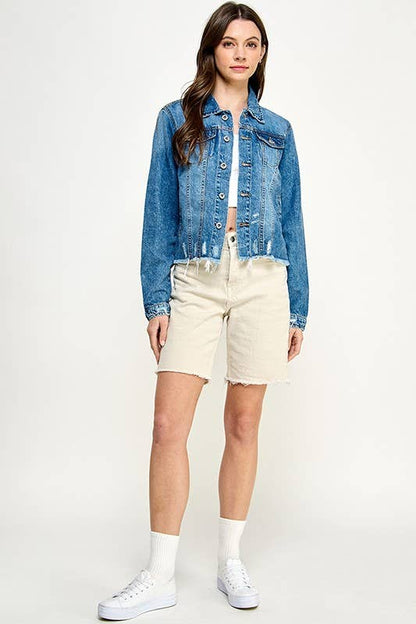 Plus Ladies Denim Jack with Distressed