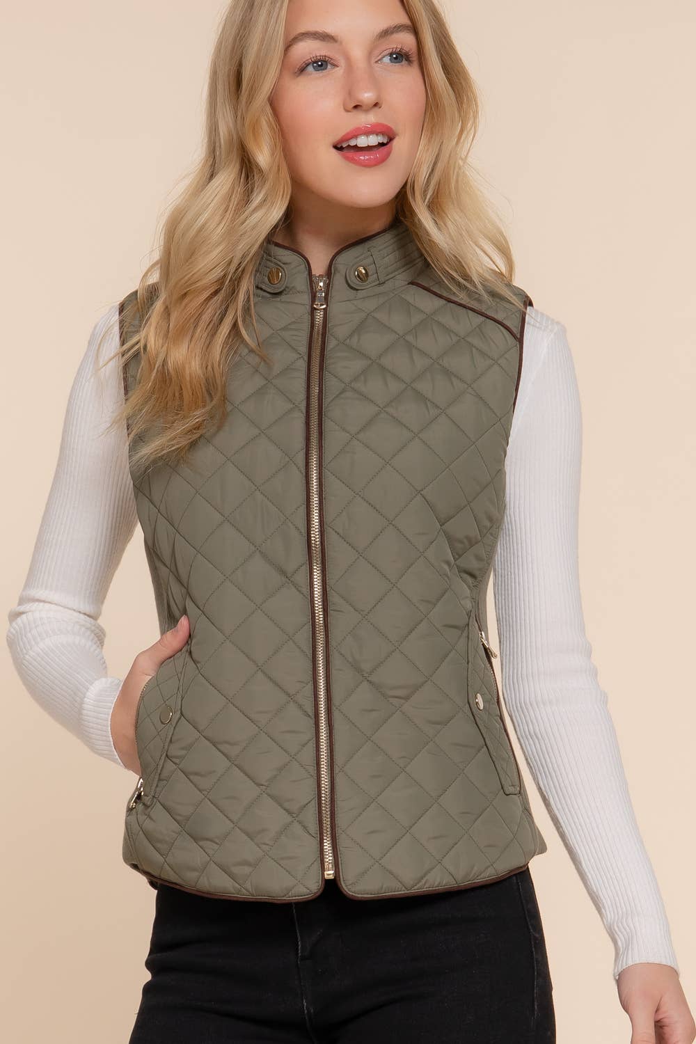Suede Piping Detail Rib Quilted Padding Vest