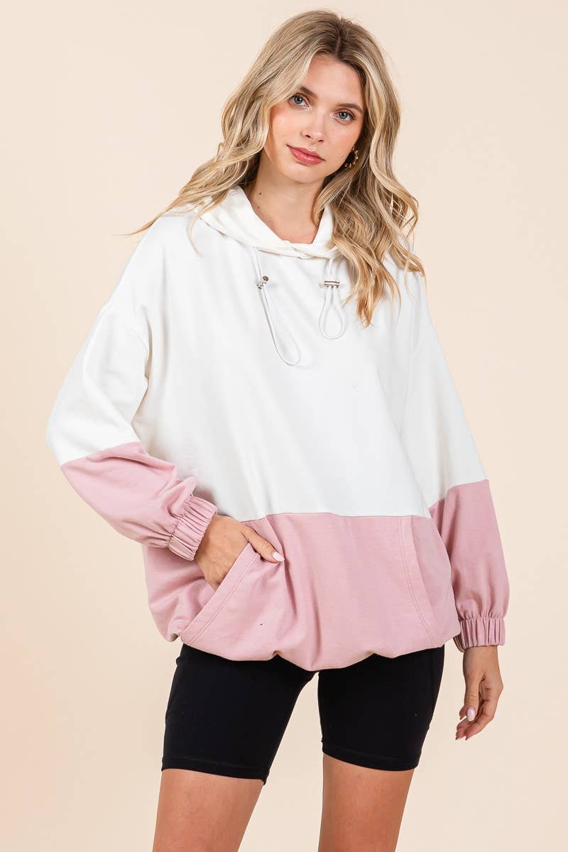 D5505 - ELASTIC HEM COLOR BLOCK POCKET HOODIE=