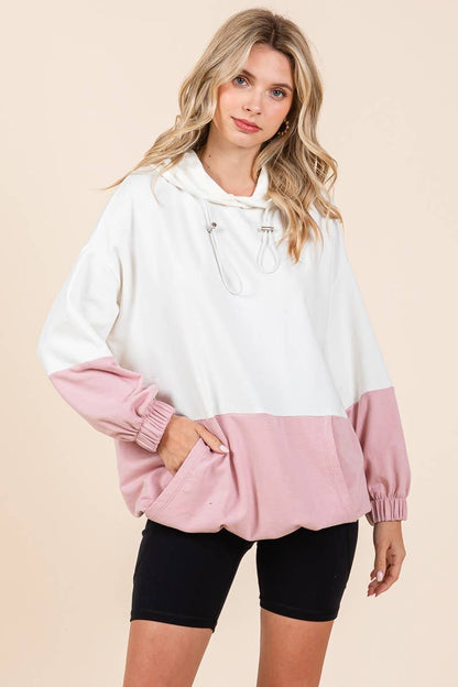 D5505 - ELASTIC HEM COLOR BLOCK POCKET HOODIE=