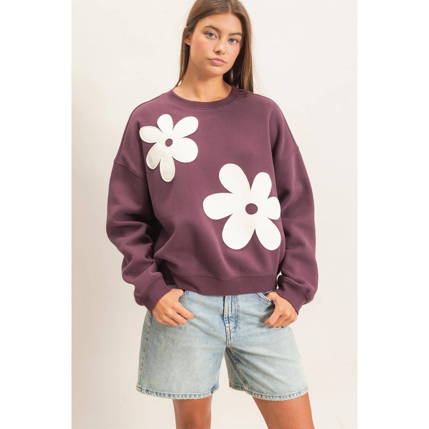 Floral Applique Crew Neck Sweatshirt