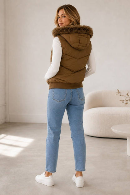 Women's Sherpa-lined Faux Fur Hood Puffer Vest