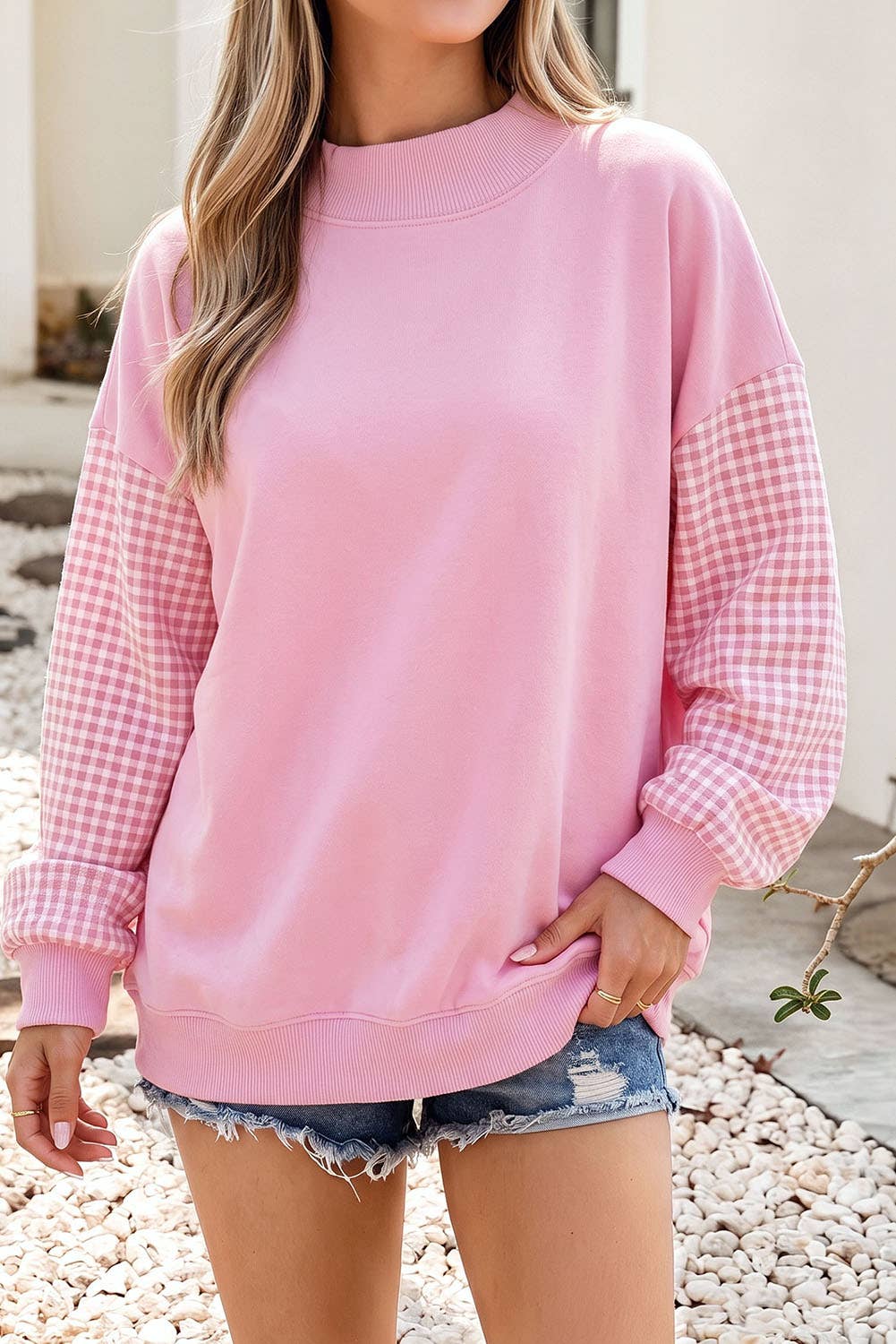 F/W26 NEW Plaid Sleeve Colorblock Mock Neck Sweatshirt| S-4X