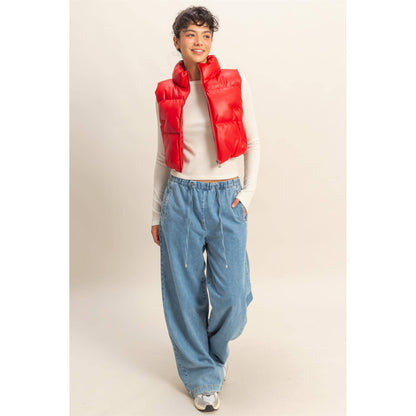 Faux Leather Cropped Puffer Vest