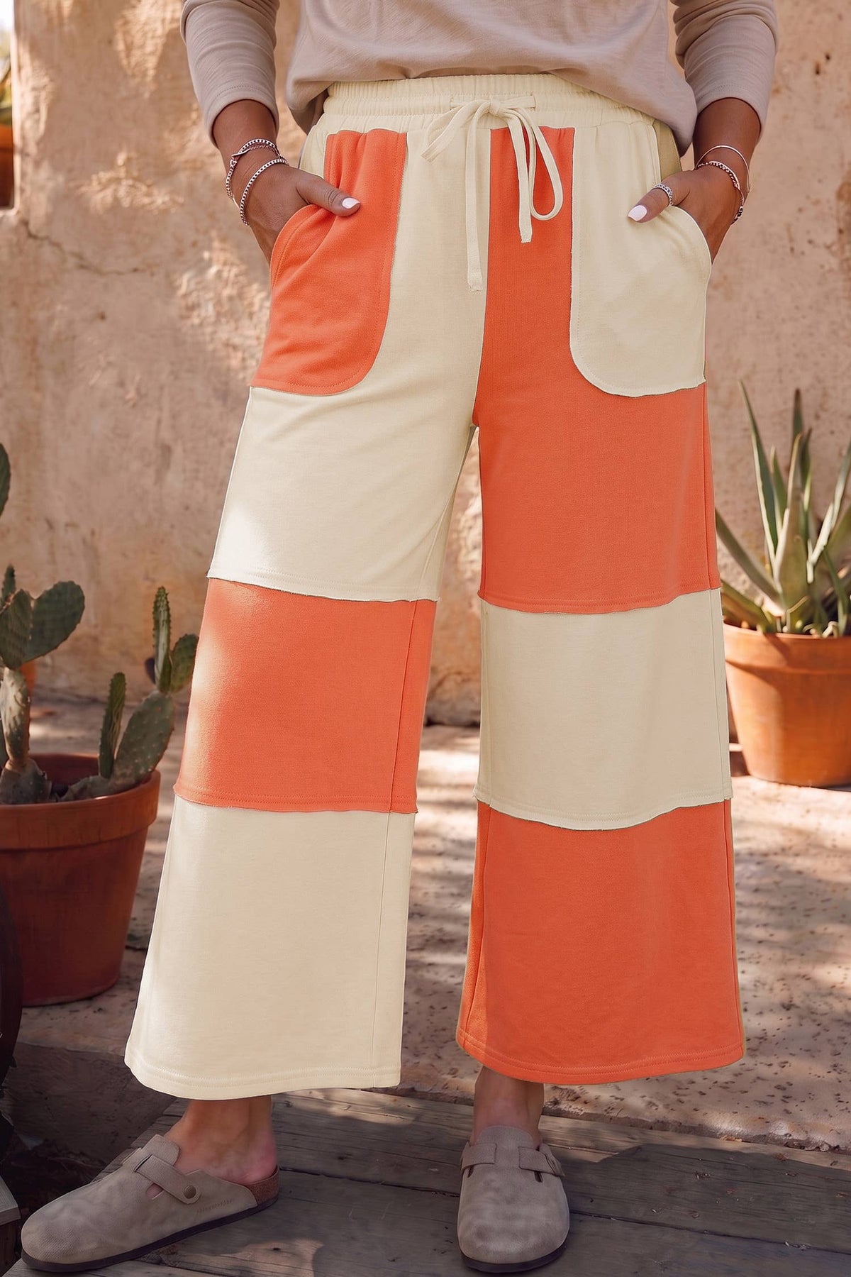 66 High Waist Color Block Patchwork Wide Leg Pants (S-XL)