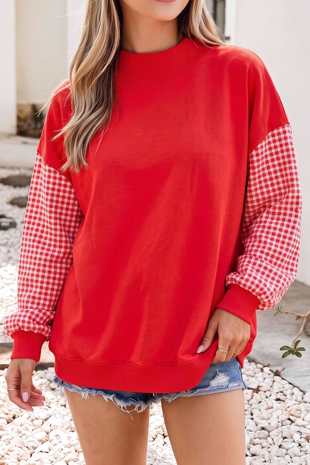 F/W26 NEW Plaid Sleeve Colorblock Mock Neck Sweatshirt| S-4X