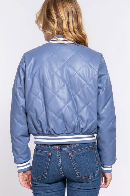 Long Sleeve Quilted PU Faux Leather Bomber Jacket