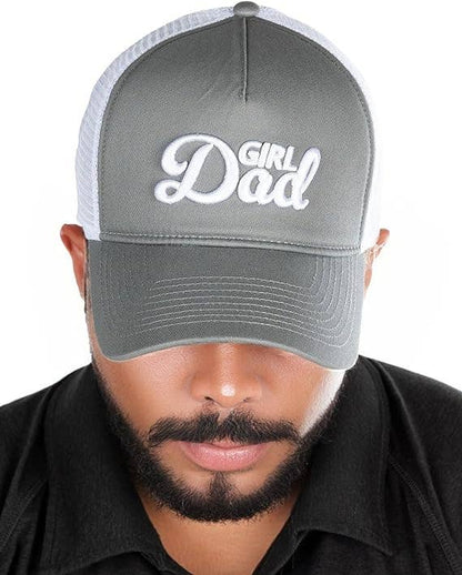 5 Panel  3D Embroidery Trucker Hat: Girl Dad (Grey)