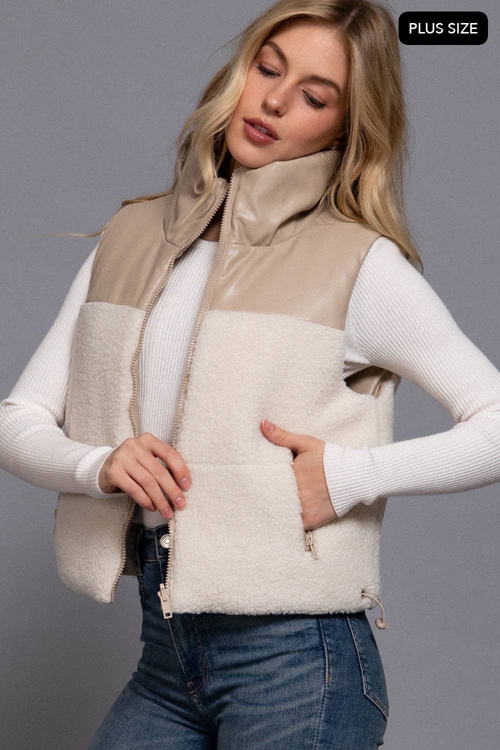 [PLUS SIZE] Reversible Faux Leather-Sherpa Padding Crop Vest