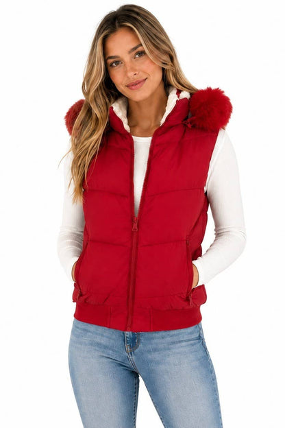 Women's Sherpa-lined Faux Fur Hood Puffer Vest