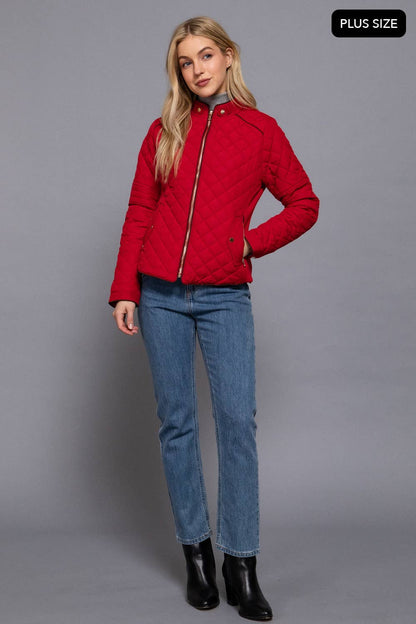 [PLUS SIZE] Suede Piping Detail Rib Quilted Padding Jacket