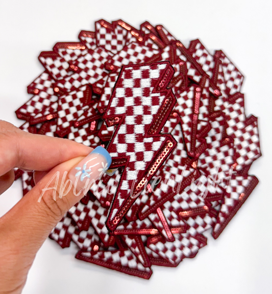 Maroon sequins checkered lightning bolt filler patch iron on