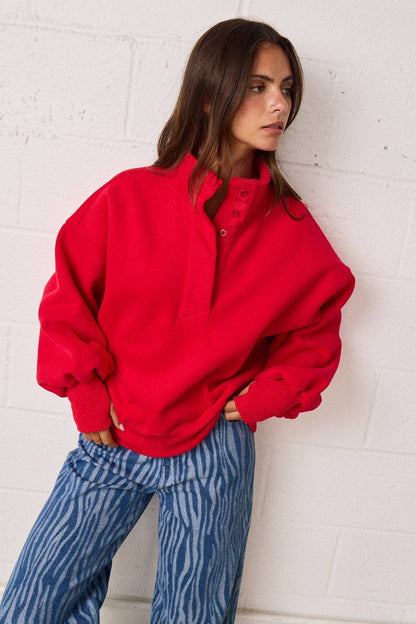 PT18729 - High Collar Half Button-Up Relaxed Fit Pullover