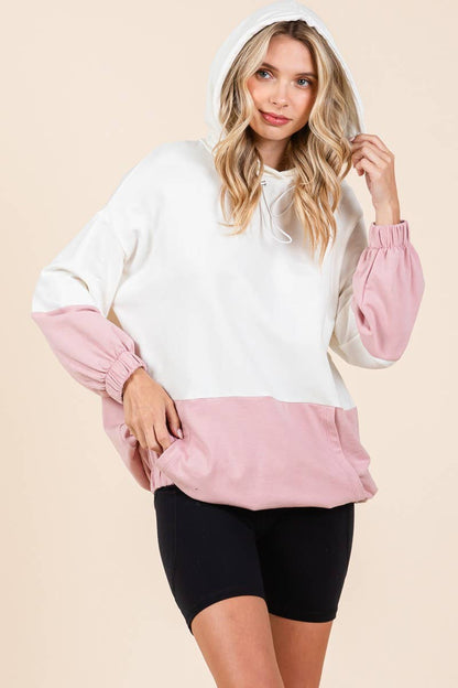 D5505 - ELASTIC HEM COLOR BLOCK POCKET HOODIE=