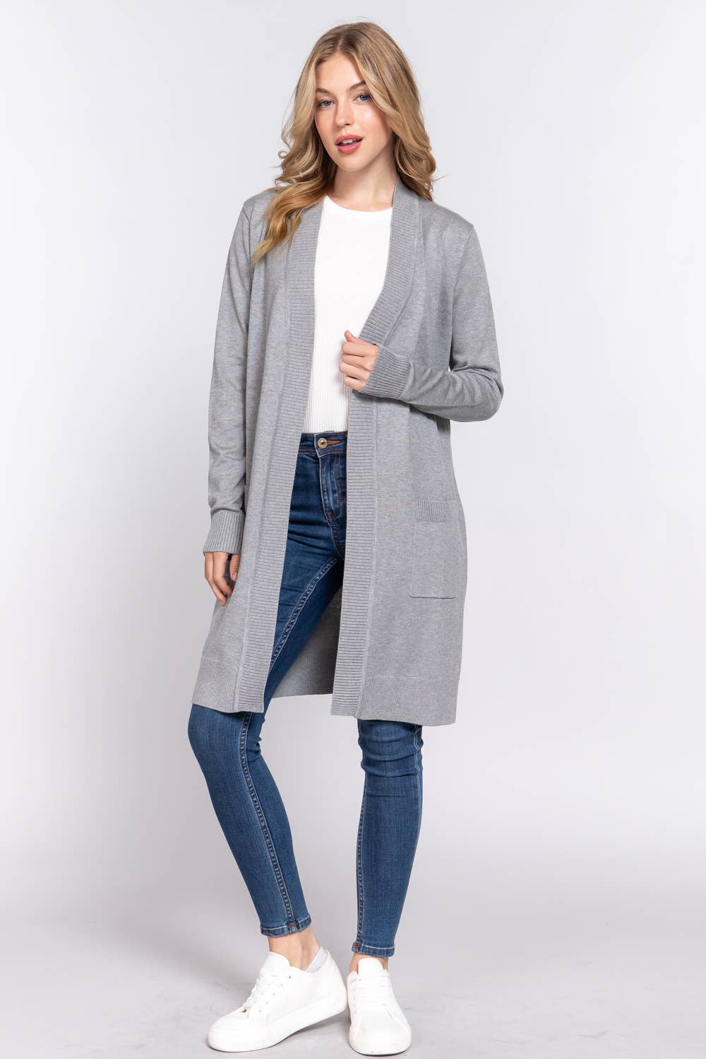 Long Sleeve Rib Banded Open Tunic Sweater Cardigan