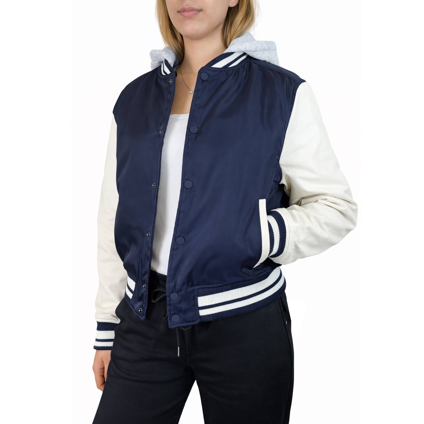 Women’s Hooded Varsity Jacket w/ Detachable Hood