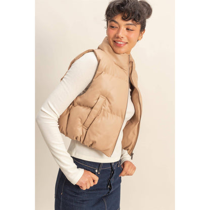 Faux Leather Cropped Puffer Vest