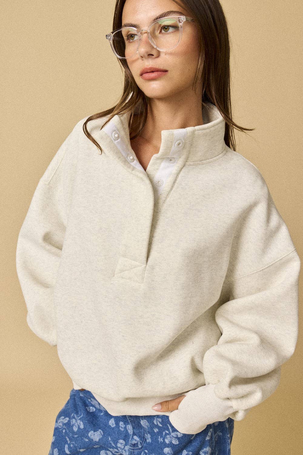 PT18729 - High Collar Half Button-Up Relaxed Fit Pullover