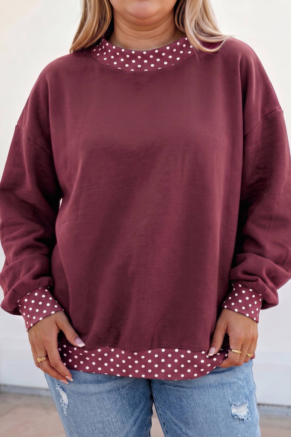 66 Plus Size Polka Dot Mock Neck Fleece Sweatshirt (S-4X)