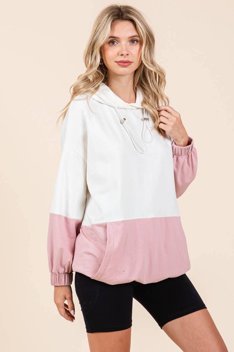 D5505 - ELASTIC HEM COLOR BLOCK POCKET HOODIE=