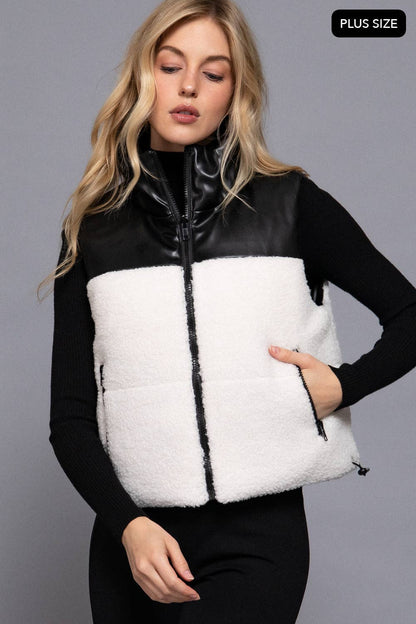 [PLUS SIZE] Reversible Faux Leather-Sherpa Padding Crop Vest