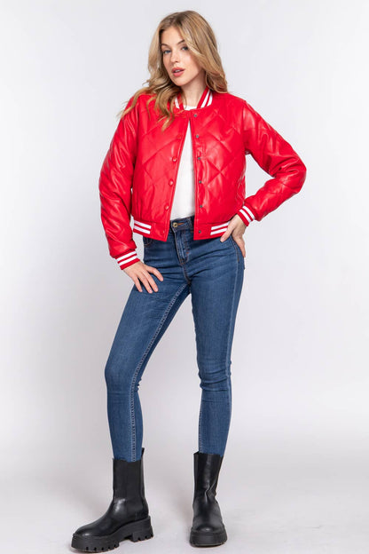 Long Sleeve Quilted PU Faux Leather Bomber Jacket