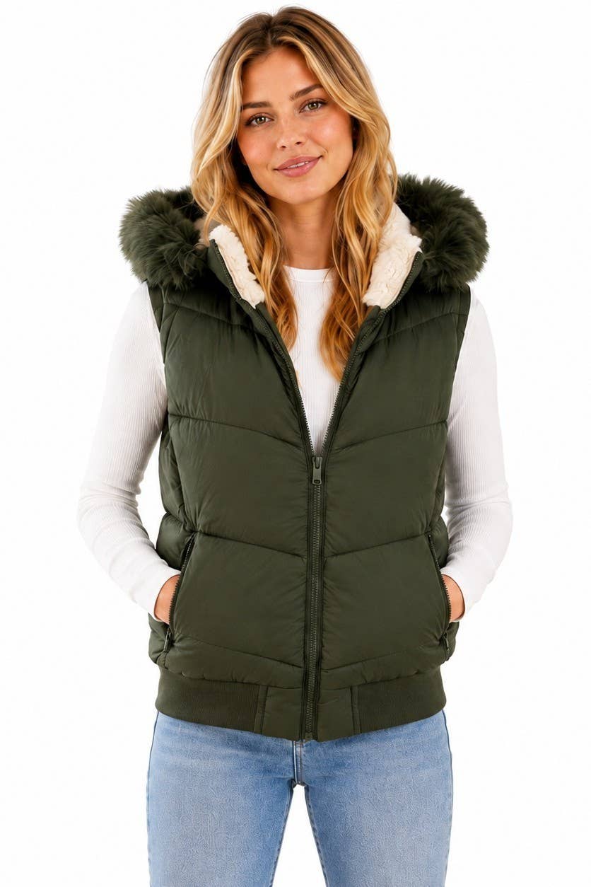 Women's Sherpa-lined Faux Fur Hood Puffer Vest